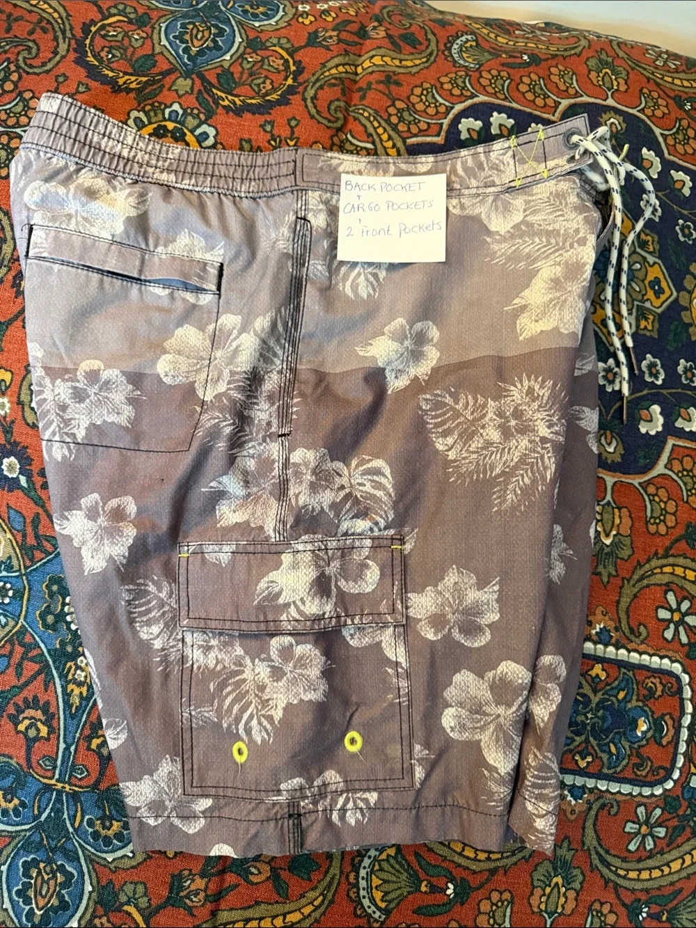 Tommy Bahama Gray Floral Swim Board Shorts with Lime Waistband